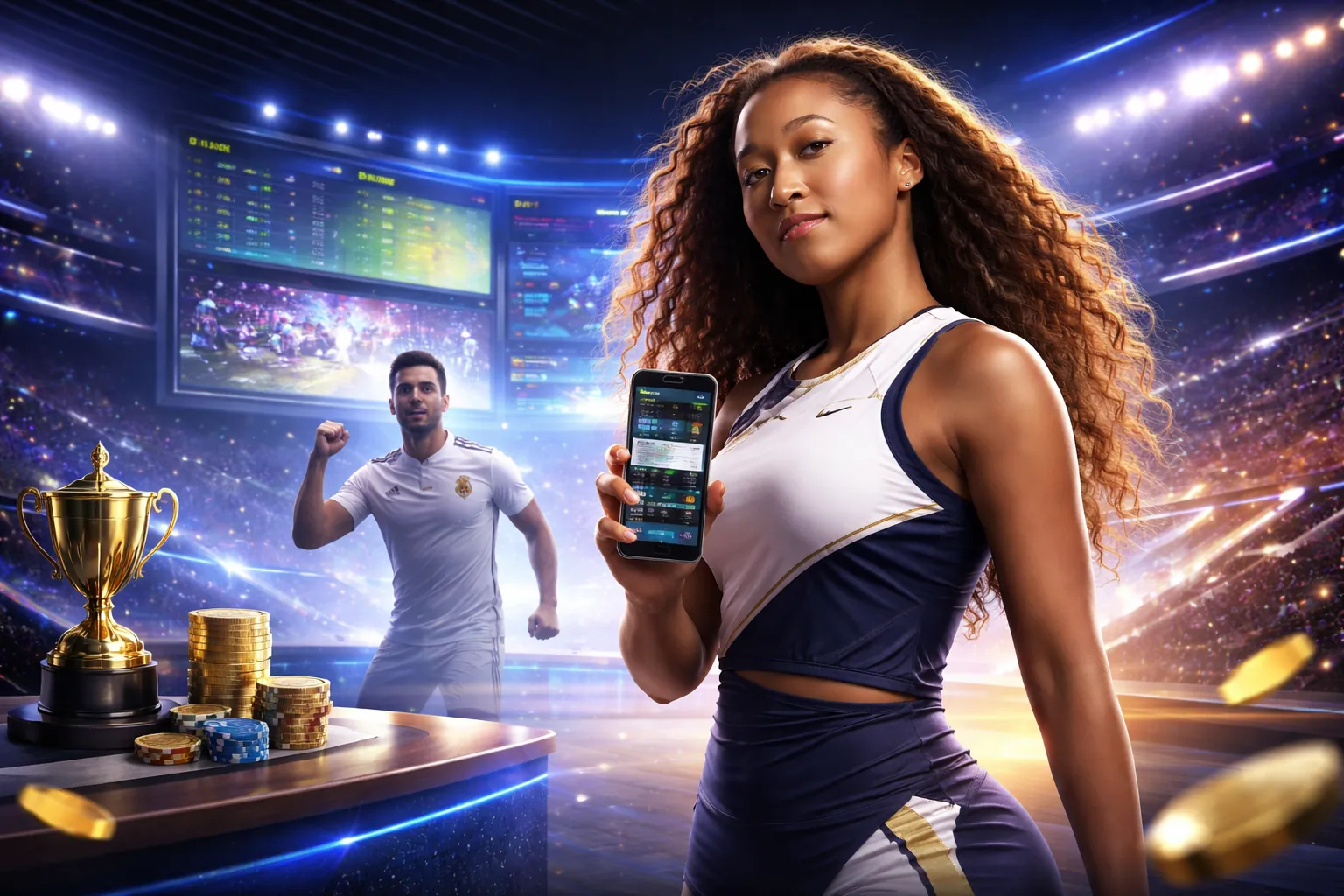Sân vận động bóng đá với ánh đèn rực rỡ, biểu tượng cho cá cược 888Club Sports